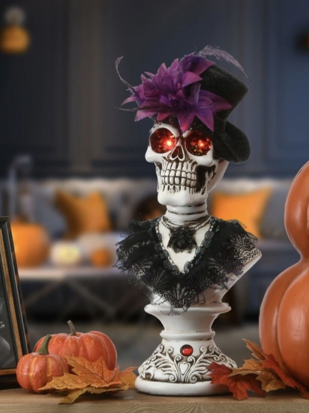 Decorative Halloween Skull Bust with Purple Hat and Red LED Eyes